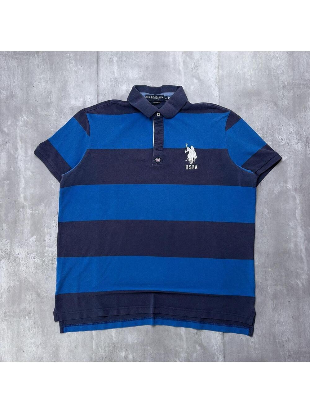 Y2K Navy U.S. Polo Assn Grunge Striped Big Pony Skater Polo Shirt